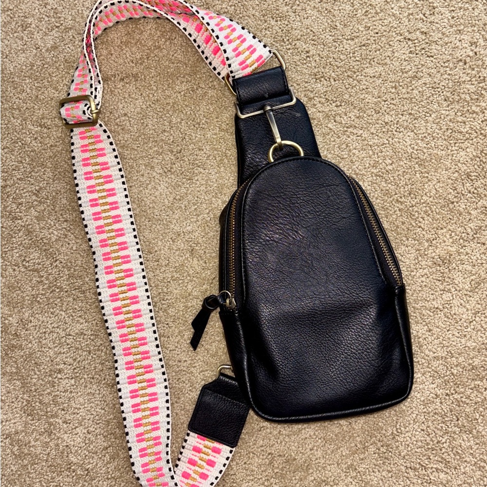 Anthropologie Black Leather Crossbody Bag with Pink Strap